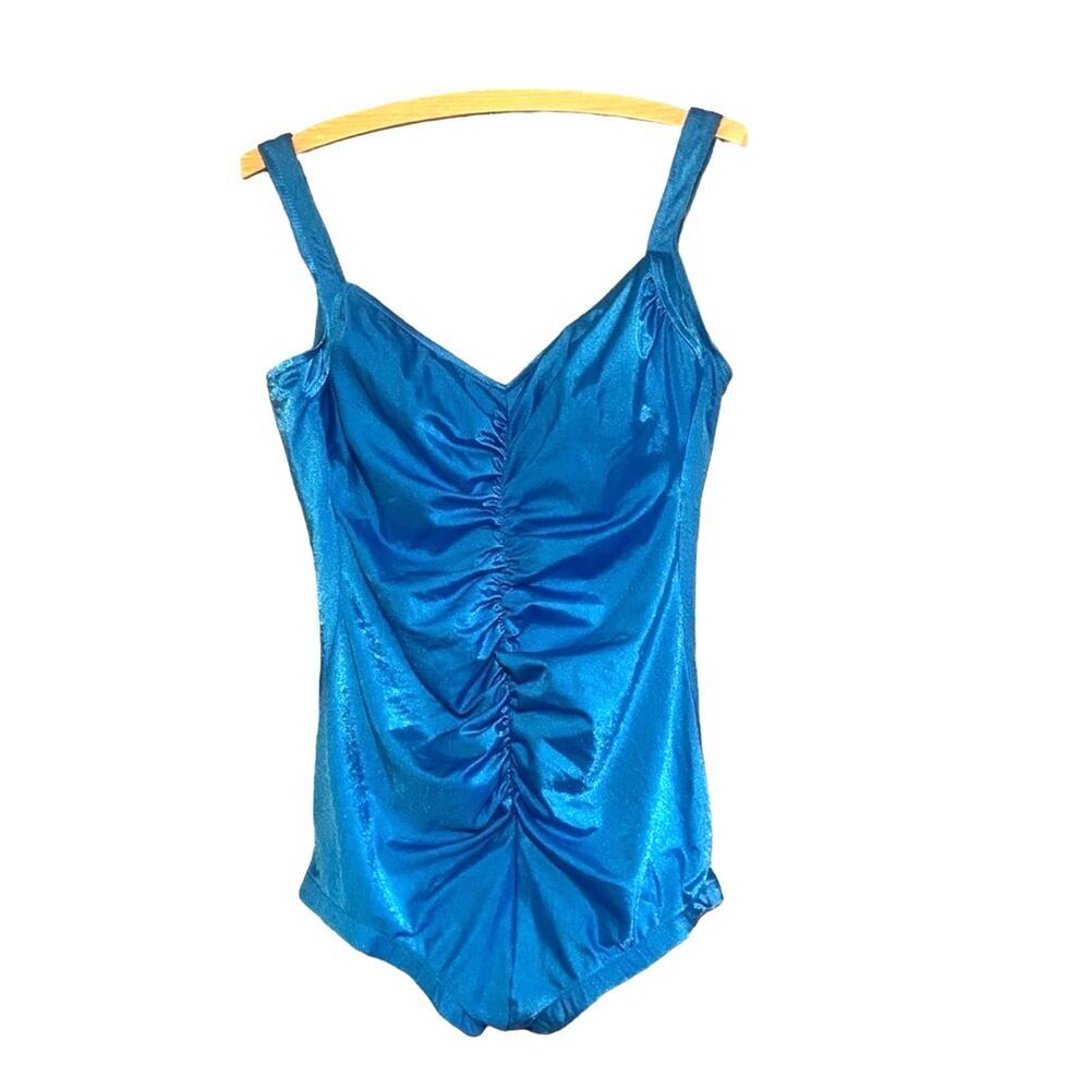 VTG Aqua Blue Ruched Pin-Up One Piece Swimsuit Retro 60s 70s Robby Len, Size 18